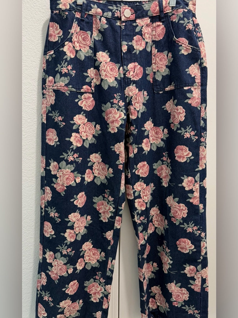Vici Navy Pink Rose Floral Wide Leg Lightweight Denim Jeans Pants Pockets  Large